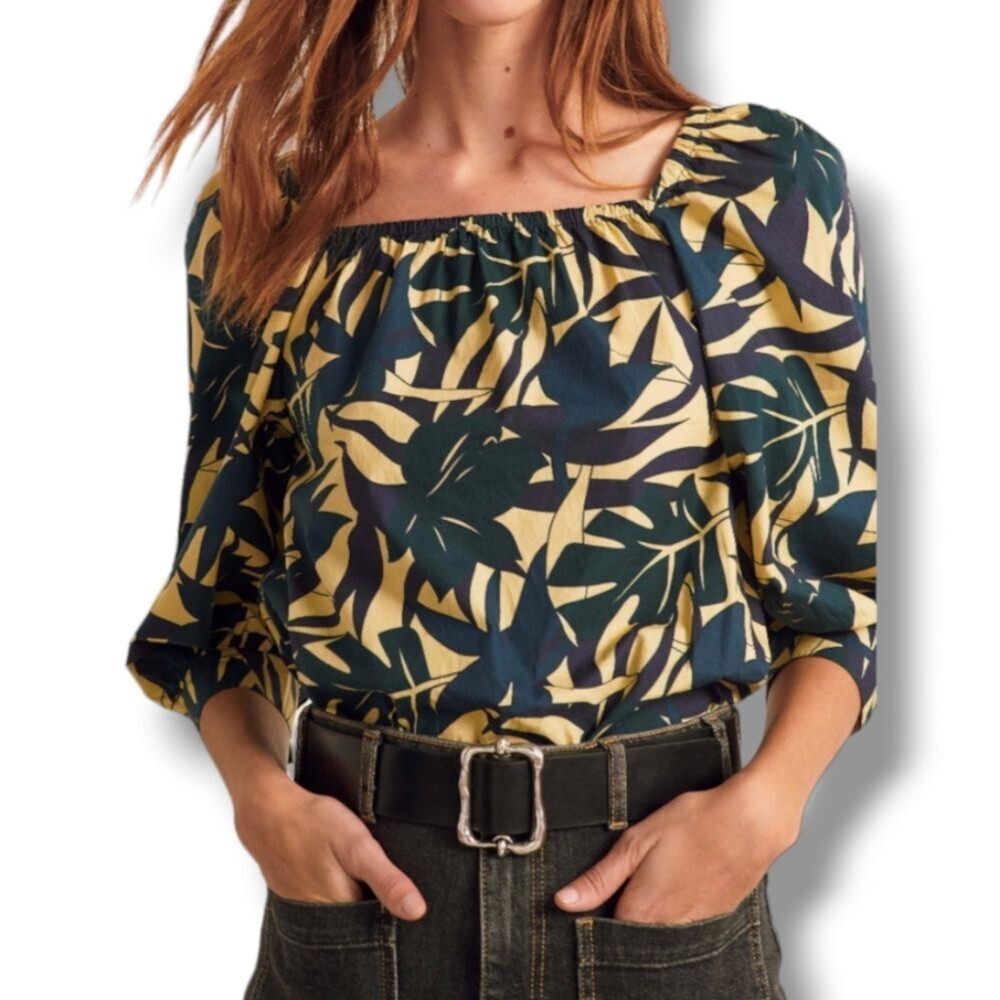 BA&SH Wally Leaf Print Square Neck Cotton Blouse‎ Yellow Blue New Size 3 …